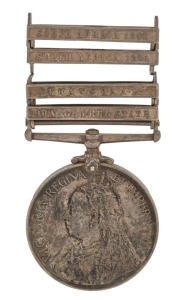 The QUEEN'S SOUTH AFRICA MEDAL, with 4 clasps for ORANGE FREE STATE, TRANSVAAL, SOUTH AFRICA 1901 and 1902; named to 2072 TPR: E.C. DONOHUE. N.S. WALES M.R.