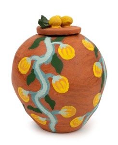 Hermannsburg pottery lidded vase with hand-painted melon motif, 15cm high