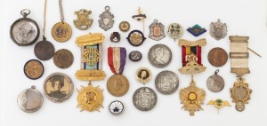 MASONIC MEDALS, badges, Australian silver fobs, sterling silver watch case, coins, miniature photo frame etc, 19th/20th century, (qty)