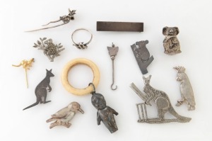 AUSTRALIANA group of silver and silver finished ornaments, jewellery, stickpins, baby teething ring/rattle etc, including an antique Australian silver brooch by WENDT of South Australia, 19th and 20th century, (13 items)