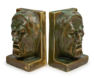 MELROSE WARE "Tragedy" green glazed pottery bookends, stamped "Melrose Ware, Australian", 17.5cm high