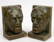 MELROSE WARE "Tragedy" green glazed pottery bookends, stamped "Melrose Ware, Australian", 17.5cm high - 2