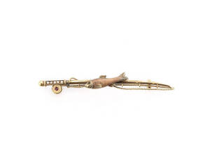 BAR BROOCH: 15ct gold, enamelled pearl and ruby "Angling" brooch.