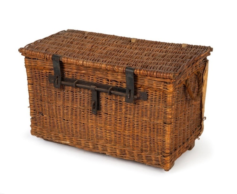 An antique field hospital first aid cane trunk with metal fittings and rope handles, emblazoned with broad arrow mark on reverse, 19th/20th century, purported to have come from Her Majesty's Prison, Pentridge, Melbourne, 49cm high, 80cm wide, 41cm deep