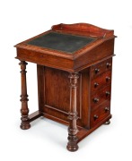 GEORGE THWAITES of Melbourne (attributed), fine Tasmanian blackwood Davenport with five graduated drawers to the side, full turned support columns, leather writing surface, interior fitted with birdseye huon pine drawers, circa 1870, 80cm high, 56cm wide,