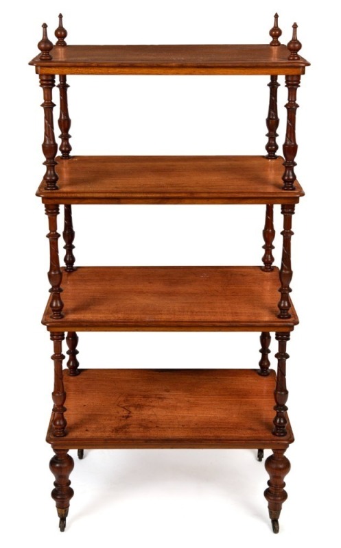 An antique Australian blackwood whatnot with four tiers, Melbourne origin, circa 1865, ​​​​​​​131cm high, 64cm wide, 44cm deep