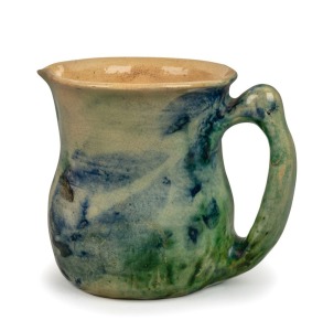 MERRIC BOYD pottery jug with hand-painted landscape scene, incised "Merric Boyd, 1916", 12.5cm high