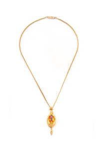 VICTORIAN PENDANT: Gold & garnet set pendant on later chain. 7 grams total