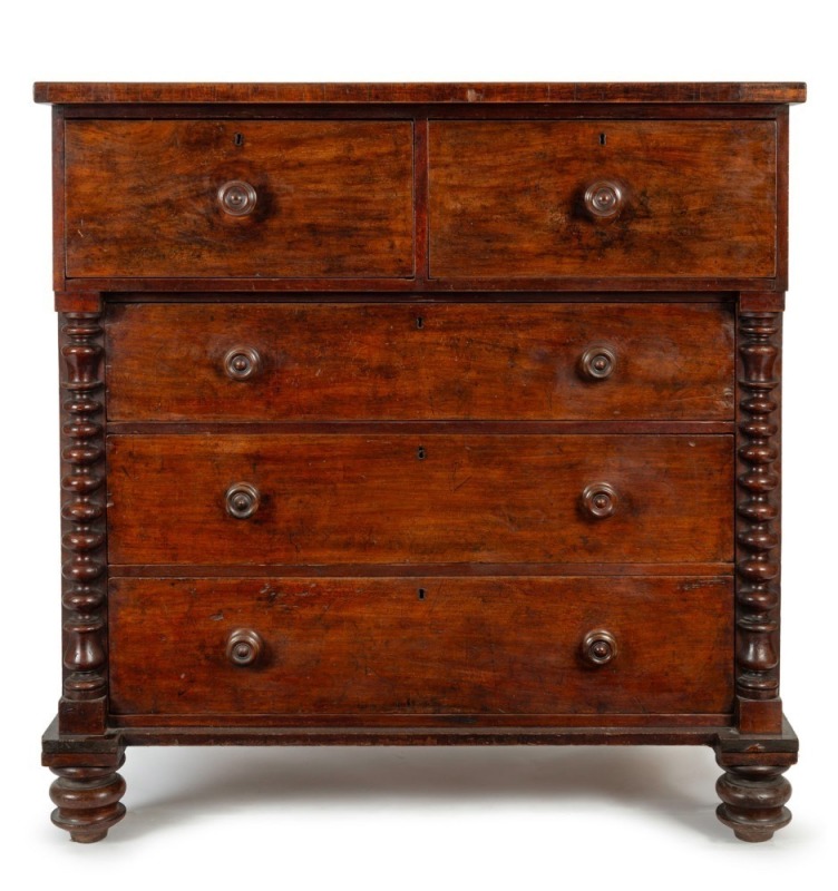 An antique Colonial Australian cedar cantilever chest of five drawers with full cedar construction, New South Wales origin, circa 1845, ​​​​​​​123cm high, 121cm wide, 60cm deep