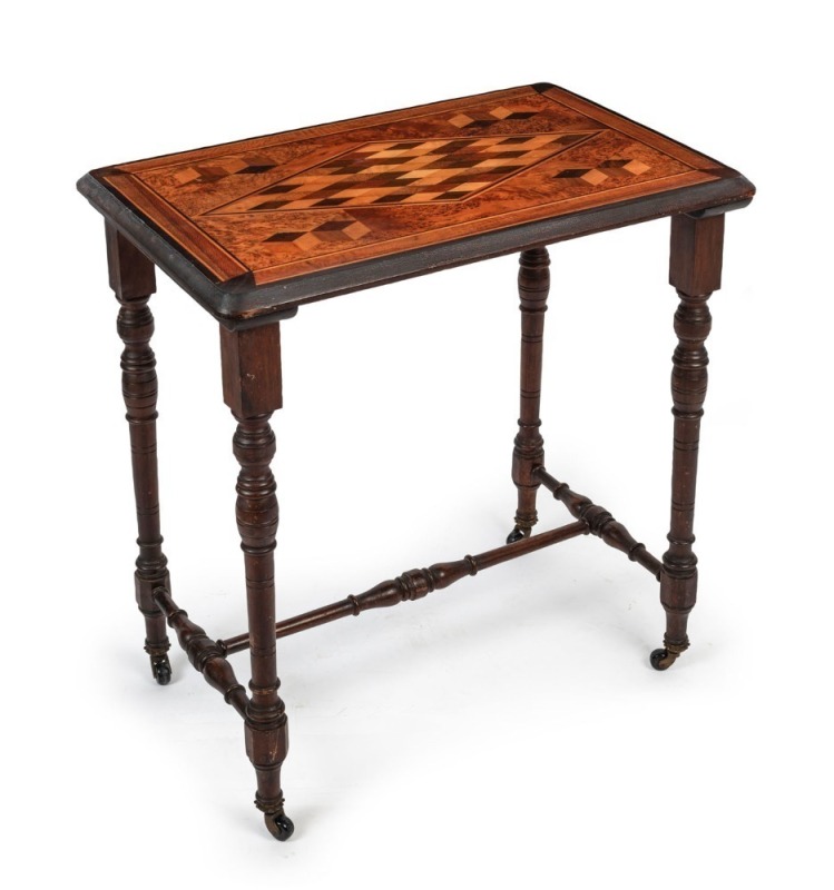 JEWEL & SONS (attributed) of Christchurch, New Zealand, parquetry specimen top occasion table inlaid with New Zealand forest timbers and stained kauri pine base, late 19th century, ​​​​​​​74cm high, 70cm wide, 56cm deep