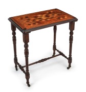 JEWEL & SONS (attributed) of Christchurch, New Zealand, parquetry specimen top occasion table inlaid with New Zealand forest timbers and stained kauri pine base, late 19th century, ​​​​​​​74cm high, 70cm wide, 56cm deep