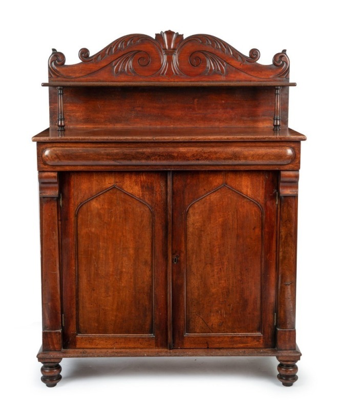 A fine Colonial Australian cedar chiffoniere with Thomas Hope scroll back, full cedar construction, with beautiful colour and patination, New South Wales origin, circa 1840, 154cm high, 114cm wide, 51cm deep