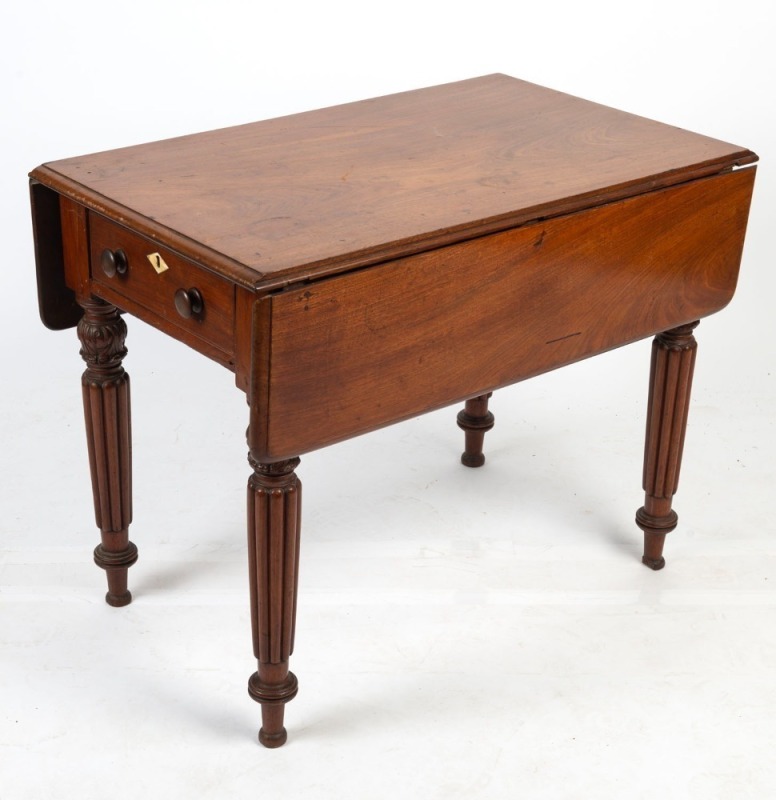 An antique Anglo-Indian padouk and cedar two drawer Pembroke table with reeded and acanthus carved legs, circa 1830, 73cm high, 59cm wide (extends to 104cm open), 91cm deep