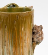 REMUED rare pottery tree stump vase adorned with two koalas on branch handle, incised "Remued, 7LB", an impressive 23.5cm high - 2