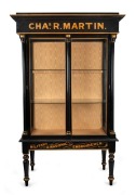 CHARLES R. MARTIN "MILITARY ACCOUTREMENTS" historically important stunning pair of ebonized and gilt display cabinets from the 1888 MELBOURNE EXHIBITION, with accompanying silk embroidered banner and Australian cedar hand-painted advertising wall plaque, - 5