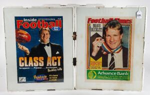 Group of newspaper/magazine pages with images and/or stories about Nathan Buckley. All have been pre-framed: positioned behind glass and mounted to foam board, but not yet framed. Plus Collingwood 2016 team poster, and photo page from Football Record shoot that has been mounted on board but not framed. (19 items.)