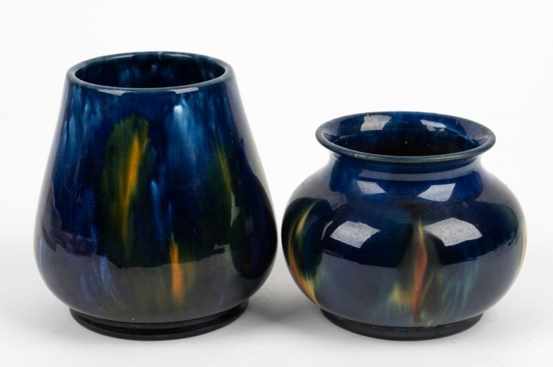 McHUGH two blue and yellow glazed pottery vases, both incised "McHugh, Tasmania", 10cm and 13cm high