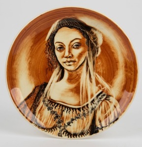 MARTIN BOYD pottery plaque with portrait of a maiden, incised "Martin Boyd, Australia", 26.5cm diameter