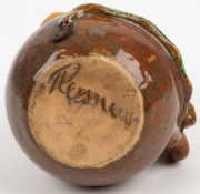 REMUED pottery jug with applied gumnut, leaf and branch handle, glazed in brown and green with pink highlights, incised "Remued", 10.5cm high - 3