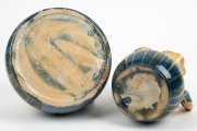 REMUED&nbsp;two blue and cream glazed pottery vases with applied branch handles, the larger incised "Remued", 12cm and 13cm high - 2