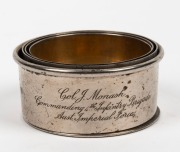 World War One period Officer's collapsible cup, with engraved details "Col. J. Monash. Commanding 4th Infantry Brigade, Aust. Imperial Force." 80mm high (fully extended). - 2