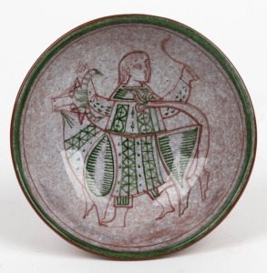 DAVID & HERMIA BOYD pottery bowl with painted Medieval style figure and beast, incised "D + H Boyd", also inscribed in pen "1959, Best Period", ​​​​​​​4cm high, 13cm diameter