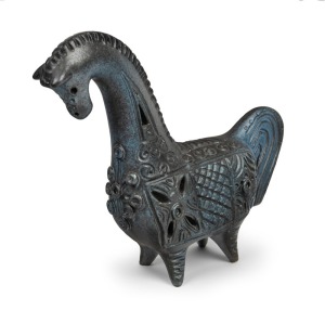 McLAREN blue glazed pottery horse, incised "McLaren", 18.5cm high