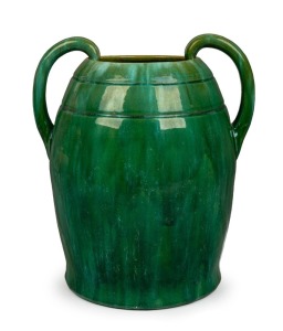 JOHN CAMPBELL large green two handled pottery vase, incised "John Campbell, 1935, Tasmania", 33cm high, 28cm wide