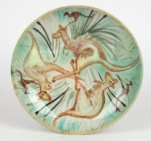 ARTHUR MERRIC BOYD & NEIL DOUGLAS pottery bowl adorned with six bouncing kangaroos, incised "Arthur Merric Boyd". 23cm diameter