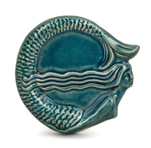 ARTIST UNKNOWN blue glazed pottery mermaid dish, incised with artist's monogram (illegible) and appears to be dated "'35", 13cm wide