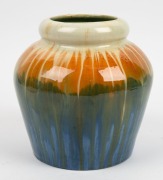 REMUED blue glazed pottery vase with applied gumnuts, leaf and branch handle, interior glazed in green, incised "Remued 42LM", 19.5cm high - 2