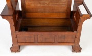 ROJO (attributed) of Melbourne, Australian Arts and Crafts solid blackwood hall seat with a hat tree, flip-top trunk and fiddleback slats, circa 1920, 192cm high, 113cm wide, 43cm deep - 2