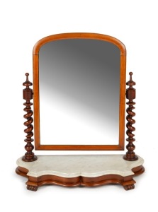 An antique English mahogany vanity mirror with serpentine bevelled marble base and barley twist pillars, 19th century, 80cm high, 73cm wide, 27cm deep