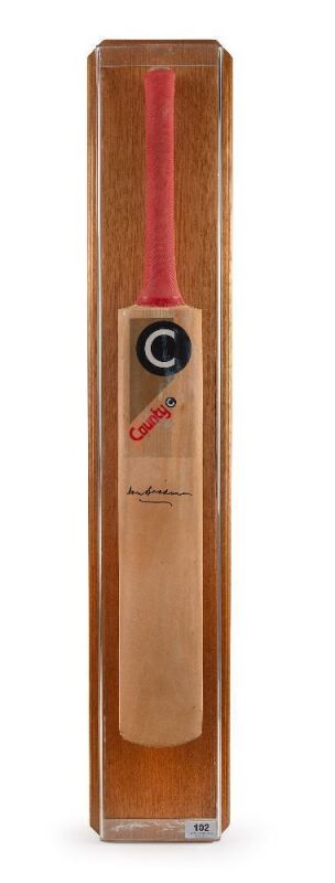 DON BRADMAN signed cricket bat in perspex and timber display case, 106cm high overall