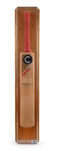 DON BRADMAN signed cricket bat in perspex and timber display case, 106cm high overall