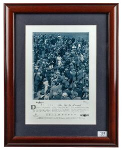 DON BRADMAN: "Bradman - The World Record", display comprising picture of Bradman leaving the field after his world record 334 in the 1930 Headingly Test, signed by Bradman at lower left, limited edition 355/1000, window mounted, framed & glazed, overall 47x59cm. With CoA.