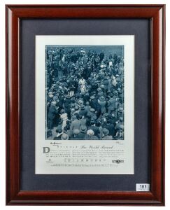 DON BRADMAN: "Bradman - The World Record", display comprising picture of Bradman leaving the field after his world record 334 in the 1930 Headingly Test, signed by Bradman at lower left, limited edition 355/1000, window mounted, framed & glazed, overall 4