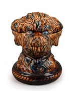 BENDIGO pottery dog tobacco jar glazed in brown and blue, circa 1880, 14cm high