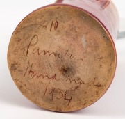 PAMELA impressive cylindrical&nbsp;pottery vase glazed in pink, green, yellow, and blue, incised "Pamela Hand Made, 1934", 17cm high - 4