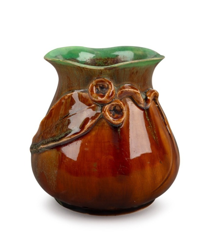 REMUED brown and green glazed pottery vase with applied gumnuts and leaf, incised "Remued", 12.5cm high