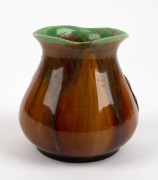 REMUED brown and green glazed pottery vase with applied gumnuts and leaf, incised "Remued", 12.5cm high - 2