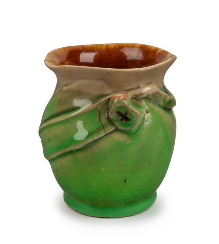 REMUED green and grey pottery vase with brown interior, adorned with gumnut and leaf, incised "Remued", 9cm high