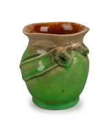 REMUED green and grey pottery vase with brown interior, adorned with gumnut and leaf, incised "Remued", 9cm high