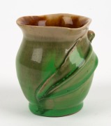 REMUED green and grey pottery vase with brown interior, adorned with gumnut and leaf, incised "Remued", 9cm high - 2