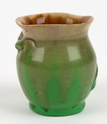 REMUED green and grey pottery vase with brown interior, adorned with gumnut and leaf, incised "Remued", 9cm high - 3