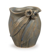 REMUED early pottery vase with applied gumnuts and leaves, and linear decoration, glazed in grey and blue, 9.5cm high