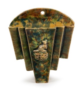 BOSLEY pottery wall pocket with applied kangaroo decoration and sponge work glaze, impressed factory mark to reverse, 16cm high
