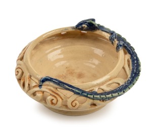 MARGUERITE MAHOOD "The Intruder" pierced pottery bowl with applied dragon decoration, incised "Marguerite Mahood, The Intruder", ​​​​​​​5.5cm high, 12cm wide