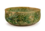 MERRIC BOYD green glazed pottery bowl with sgraffito landscape decoration, incised "Merric Boyd, 1946", 7cm high, 17cm wide