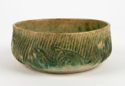 MERRIC BOYD green glazed pottery bowl with sgraffito landscape decoration, incised "Merric Boyd, 1946", 7cm high, 17cm wide - 2